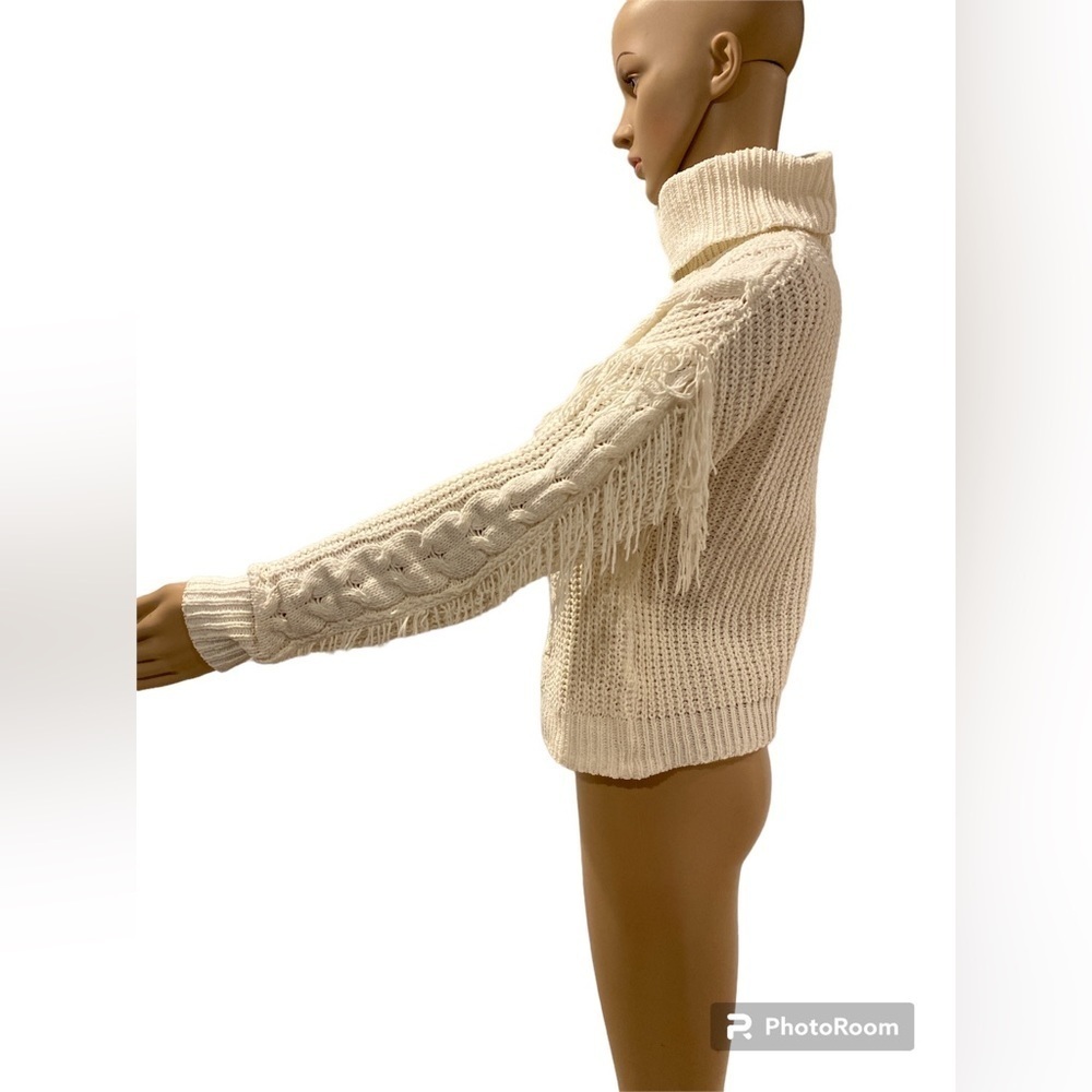 NO COMMENT TURTLENECK IVORY FRINGE SWEATER - Picture 3 of 3